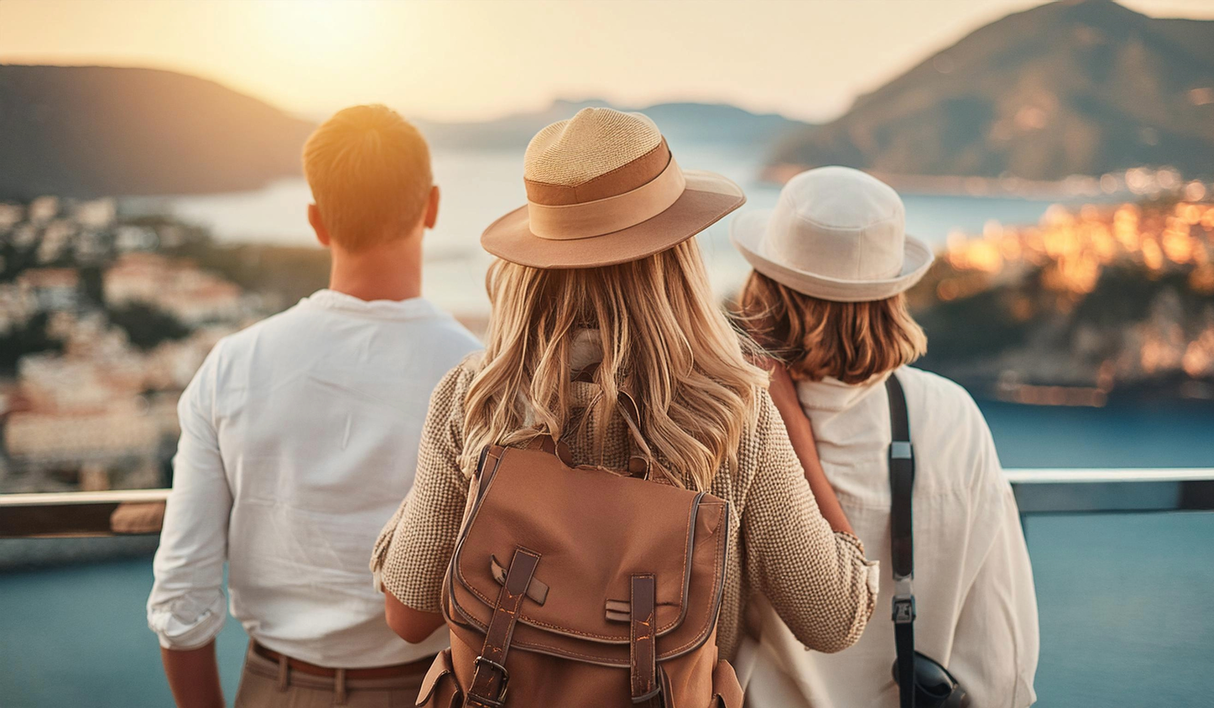 drei-urlauber-in-ihrem-kurzurlaub-schauen-auf-die-stadt-im-sonnenuntergang