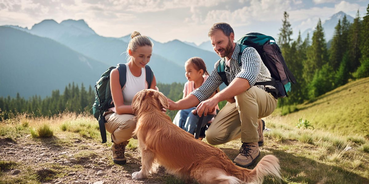 familie-ist-mit-hund-im-urlaub-am-wandern-und-streichelt-den-hund